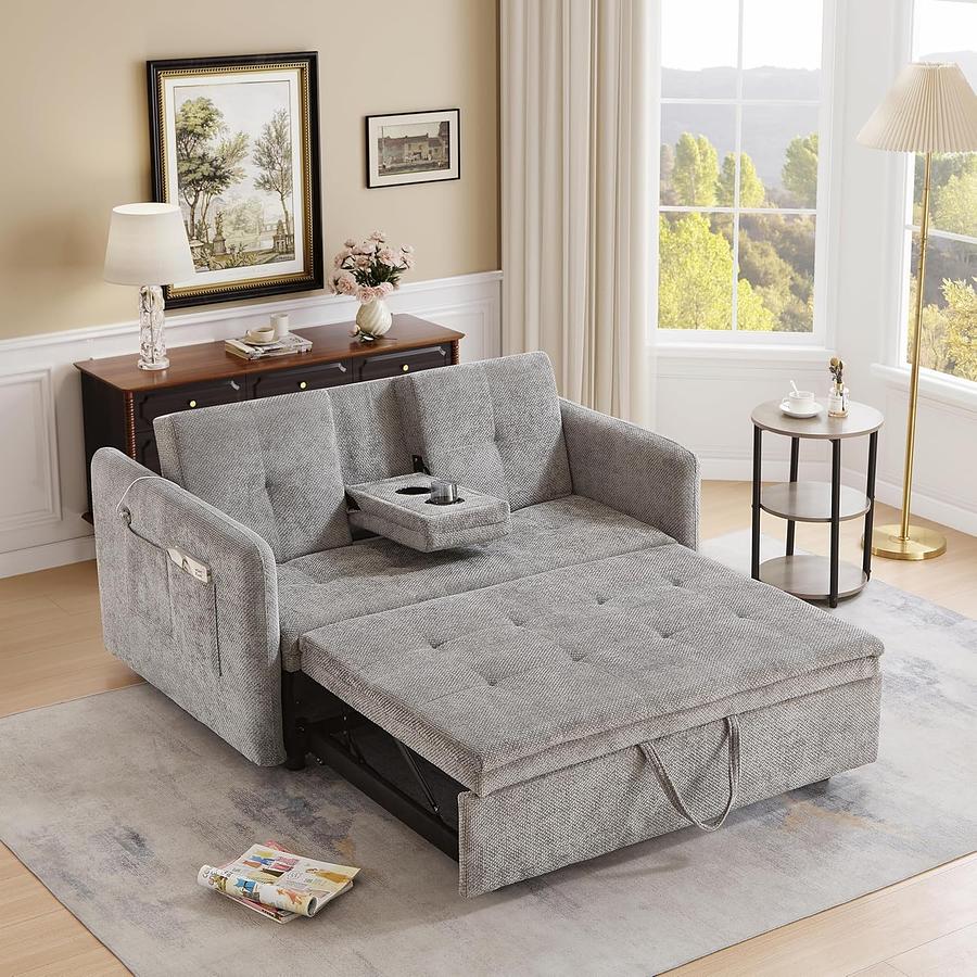 SOFA CAMA DE TELA CAFE CON. PORTA VASOS — foto 1