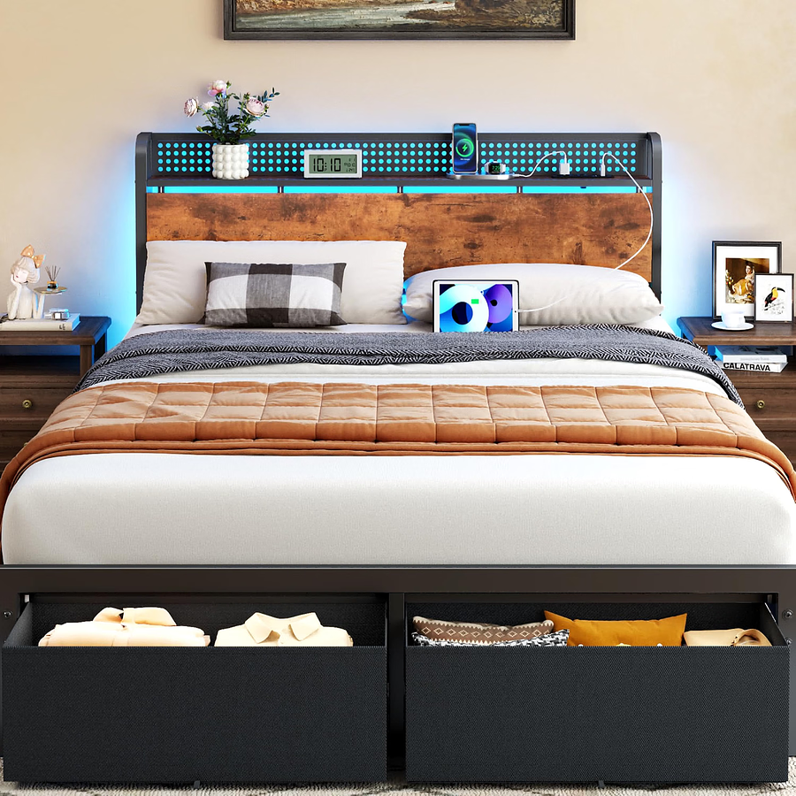 DOS CAJONES FRONTALES, CABECERA DE MADERA CON LUZ LED — foto 1