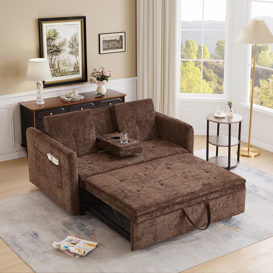 SOFA CAMA MATRIMONIAL CON PORTA VASOS CAFE TELA DE LINO — foto 1