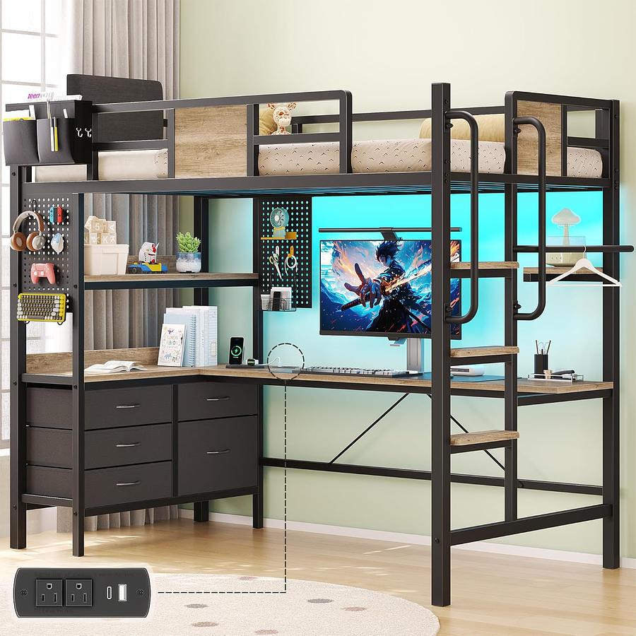 CAMA ALTA CON 5 CAJONES, ESCRITORIO EN L, LUZ LED — foto 1